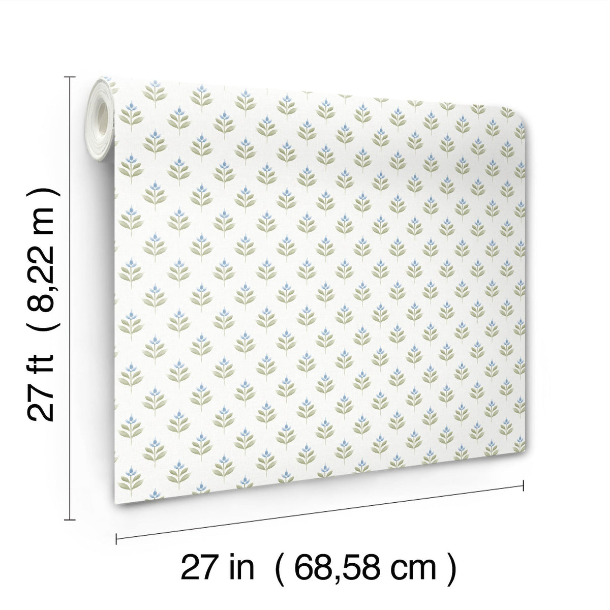 The Serene Villa Floral Stamp Wallpaper by York Wallcoverings, featuring a small blue and green leaf pattern, is shown against a white background. The roll measures 27 feet (8.22 m) in height and 27 inches (68.58 cm) in width.