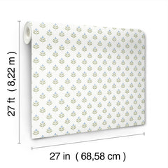 The Serene Villa Floral Stamp Wallpaper by York Wallcoverings, featuring a small blue and green leaf pattern, is shown against a white background. The roll measures 27 feet (8.22 m) in height and 27 inches (68.58 cm) in width.