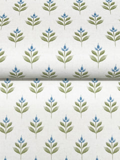 Serene Villa Floral Stamp Wallpaper by York Wallcoverings features an orderly, symmetrical pattern of stylized green stems and leaves, each topped with small blue flowers, all set against a clean white background for a fresh botanical look.