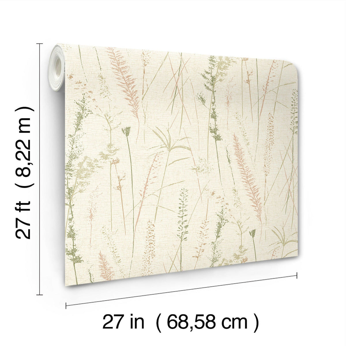 A roll of Meadow Splendor Botanical Wallpaper features a light beige background adorned with delicate botanical grass patterns in soft green and pink tones. Each roll measures 27 feet in length and 27 inches in width.