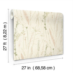 A roll of Meadow Splendor Botanical Wallpaper features a light beige background adorned with delicate botanical grass patterns in soft green and pink tones. Each roll measures 27 feet in length and 27 inches in width.