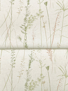 Meadow Splendor Botanical Wallpaper features a light background adorned with delicate, vertical illustrations of various grasses and plants in soft green and muted brown tones, creating a subtle, nature-inspired pattern. A horizontal seam is visible across the image.