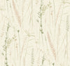 Meadow Splendor Botanical Wallpaper features a seamless pattern of delicate, hand-drawn wild grasses and plants in soft green, beige, and pink tones set against a textured cream background.