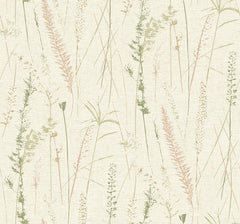 Meadow Splendor Botanical Wallpaper features a seamless pattern of delicate, hand-drawn wild grasses and plants in soft green, beige, and pink tones set against a textured cream background.