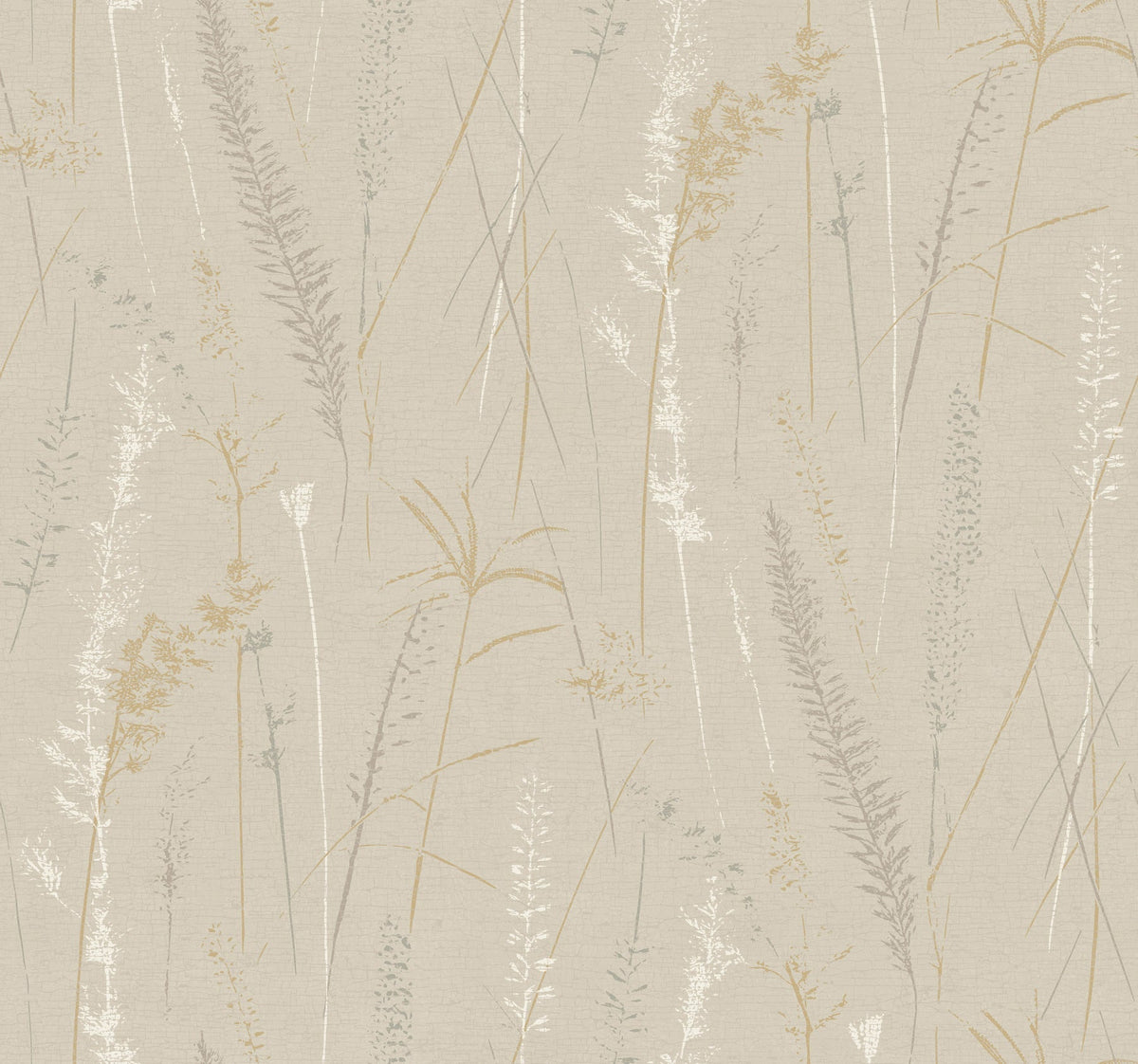 Meadow Splendor Botanical Wallpaper features a beige background adorned with delicate, minimalist line drawings of grasses and wildflowers in muted gold, gray, and white tones, creating a soft and natural pattern.