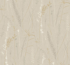 Meadow Splendor Botanical Wallpaper features a beige background adorned with delicate, minimalist line drawings of grasses and wildflowers in muted gold, gray, and white tones, creating a soft and natural pattern.