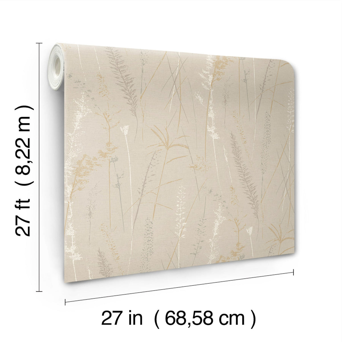 Meadow Splendor Botanical Wallpaper features delicate botanical designs in neutral tones on a beige background, and comes in a roll measuring 27 feet long by 27 inches wide (8.22 m x 68.58 cm).