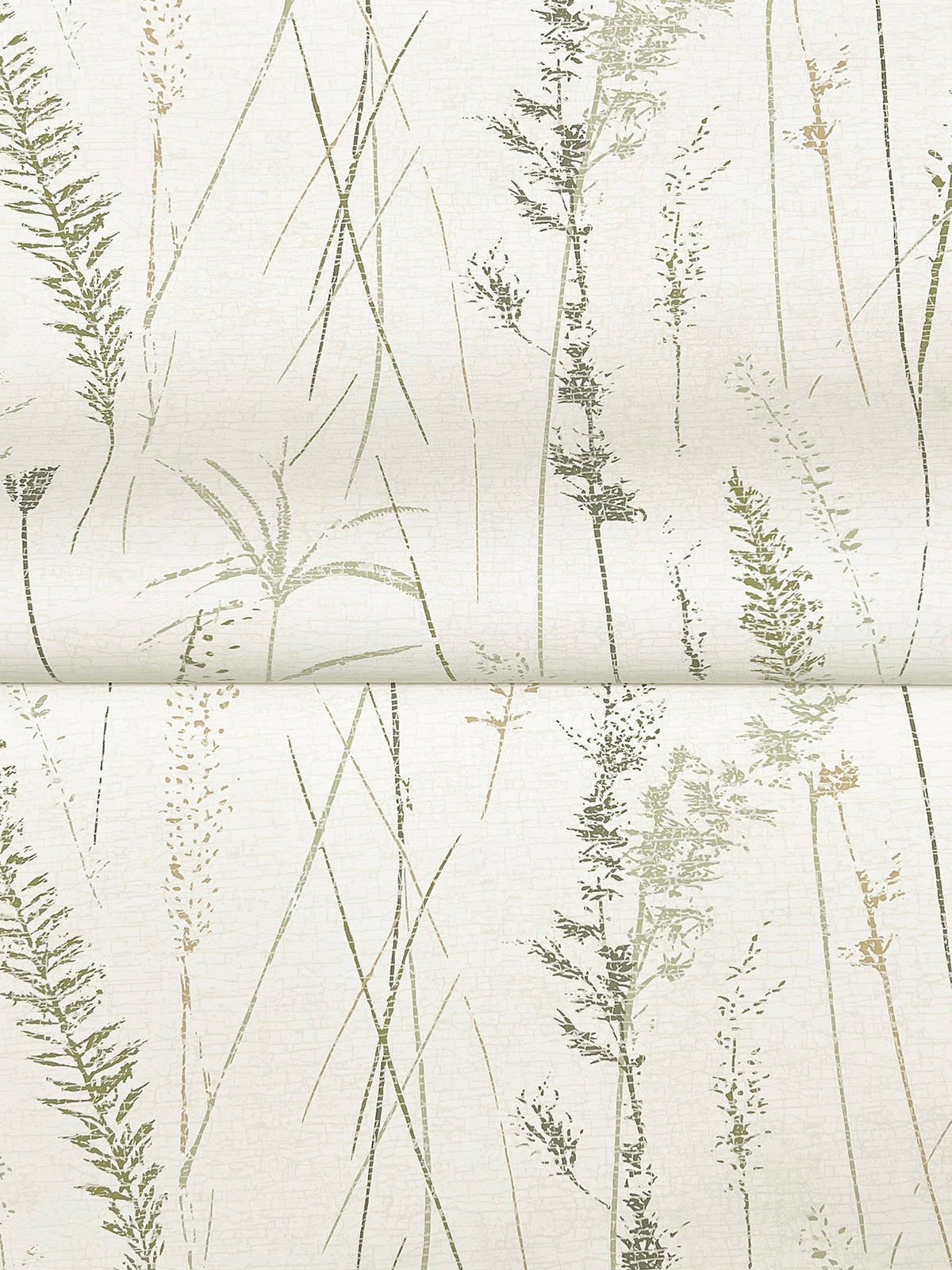 Meadow Splendor Botanical Wallpaper showcases a minimalist design with delicate, hand-drawn green and beige grasses and ferns on a crisp white background. The repeating pattern includes a subtle fold near the center of the image.