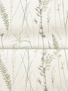 Meadow Splendor Botanical Wallpaper showcases a minimalist design with delicate, hand-drawn green and beige grasses and ferns on a crisp white background. The repeating pattern includes a subtle fold near the center of the image.