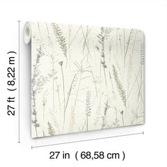 Meadow Splendor Botanical Wallpaper features a botanical grass pattern in muted green, gray, and brown foliage on a light background, and comes in a roll measuring 27 ft (8.22 m) long by 27 in (68.58 cm) wide.
