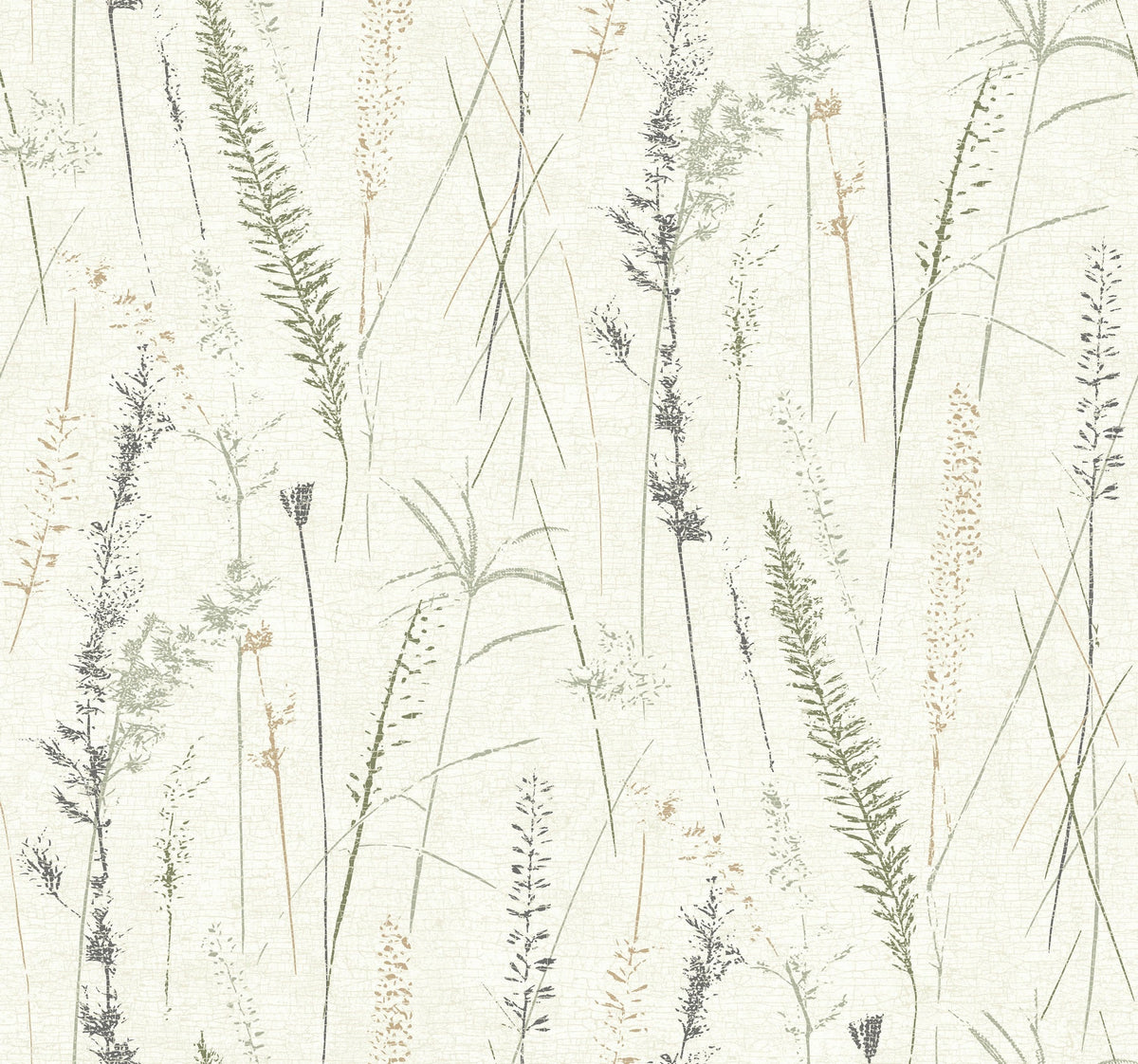Introducing Meadow Splendor Botanical Wallpaper: this design showcases delicate, hand-drawn grasses and wildflowers in soft green and beige hues set against a light, textured background. The vertical and horizontal repeating pattern lends a natural, minimalist aesthetic to any space.