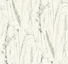 Meadow Splendor Botanical Wallpaper features a delicate, hand-drawn pattern of grasses and wildflowers in soft shades of muted green, beige, and gray on a light textured background. The design offers a gentle, calming botanical aesthetic.
