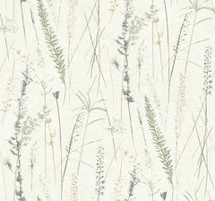 Meadow Splendor Botanical Wallpaper features a delicate, hand-drawn pattern of grasses and wildflowers in soft shades of muted green, beige, and gray on a light textured background. The design offers a gentle, calming botanical aesthetic.