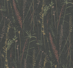 Meadow Splendor Botanical Wallpaper features a dark background adorned with an array of delicate, colorful wild grasses and plants illustrated in vibrant red, green, and yellow tones, forming a repeating botanical pattern.