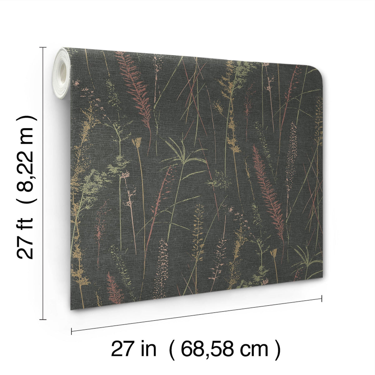 A roll of Meadow Splendor Botanical Wallpaper featuring a dark botanical grass pattern, displayed at an angle. Dimensions: 27 feet (8.22 m) in height and 27 inches (68.58 cm) in width.