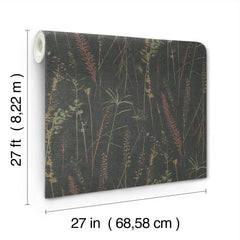 A roll of Meadow Splendor Botanical Wallpaper featuring a dark botanical grass pattern, displayed at an angle. Dimensions: 27 feet (8.22 m) in height and 27 inches (68.58 cm) in width.