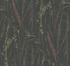 Meadow Splendor Botanical Wallpaper features a pattern of various wild grasses and plants in muted red, green, and yellow tones, arranged on a dark textured background for a natural, botanical look.