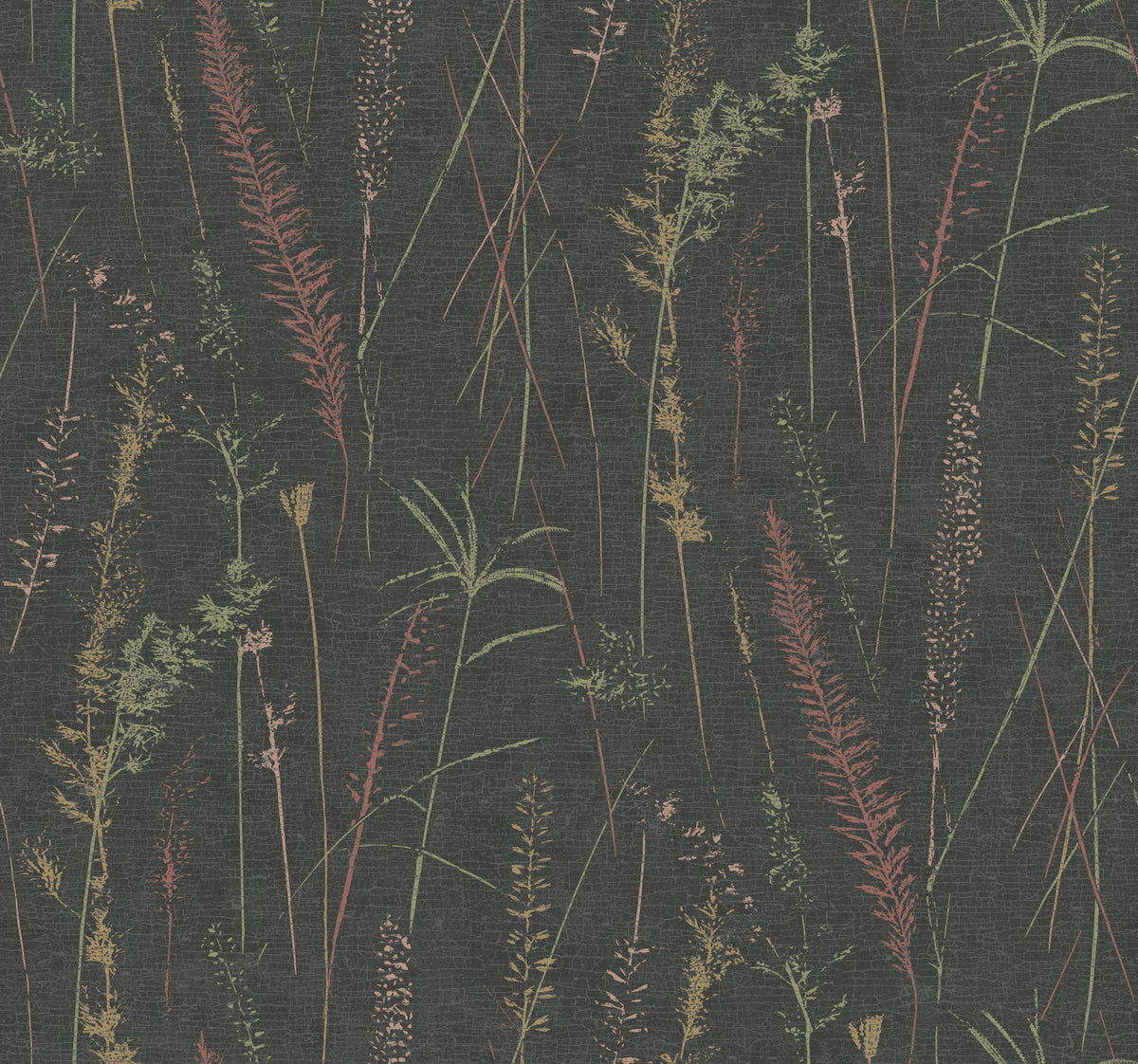 Meadow Splendor Botanical Wallpaper features a pattern of various wild grasses and plants in muted red, green, and yellow tones, arranged on a dark textured background for a natural, botanical look.