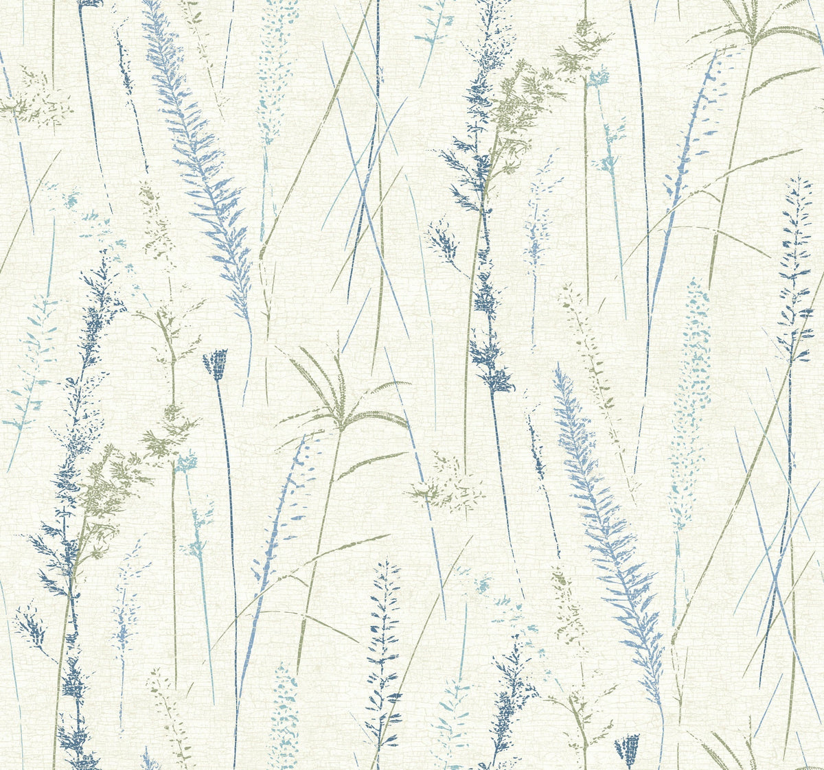 Meadow Splendor Botanical Wallpaper features a delicate, hand-drawn pattern of wild grasses and plants in soft blue, green, and beige tones scattered across a light cream background, creating a gentle and airy nature-inspired design.