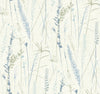 Meadow Splendor Botanical Wallpaper features airy, hand-drawn botanical illustrations of grasses and wildflowers in soft blue, green, and beige on a light cream background for a minimal, nature-inspired aesthetic.