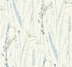 Meadow Splendor Botanical Wallpaper features airy, hand-drawn botanical illustrations of grasses and wildflowers in soft blue, green, and beige on a light cream background for a minimal, nature-inspired aesthetic.