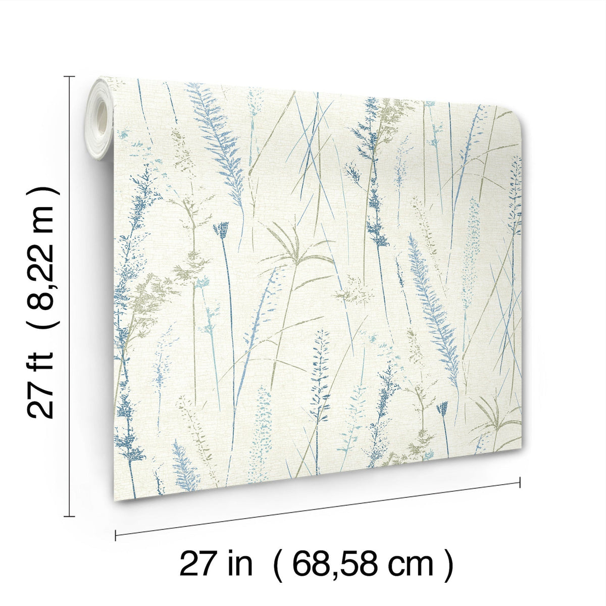 Meadow Splendor Botanical Wallpaper features a delicate pattern of blue and green plants on a cream background and comes in a roll measuring 27 feet by 27 inches (8.22 m by 68.58 cm).