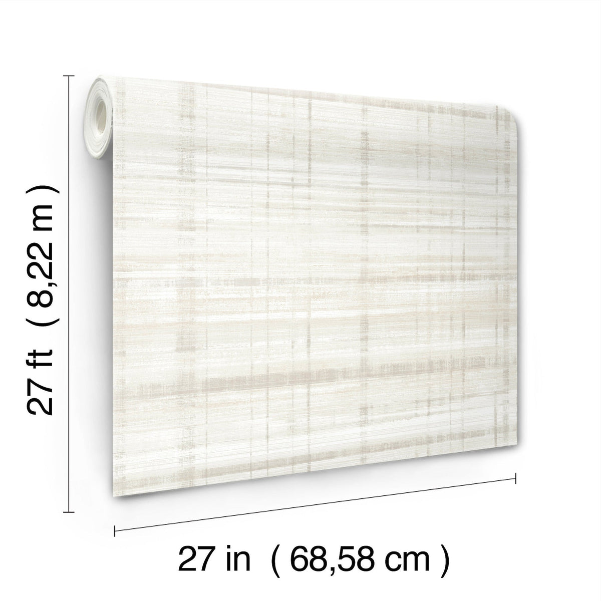 A roll of Vanishing Point Striated Wallpaper by York Wallcoverings, featuring a subtle, light plaid pattern, is shown. The roll measures 27 feet (8.22 m) in length and 27 inches (68.58 cm) in width, as indicated by the labeled dimensions on the image.