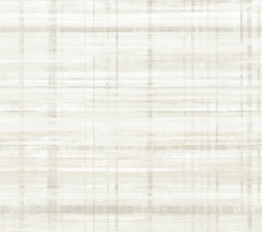 Vanishing Point Striated Wallpaper by York Wallcoverings features a subtle textured background with soft, overlapping horizontal and vertical beige lines on an off-white surface, reminiscent of woven fabric or watercolor brush strokes. The overall effect is minimal and neutral.