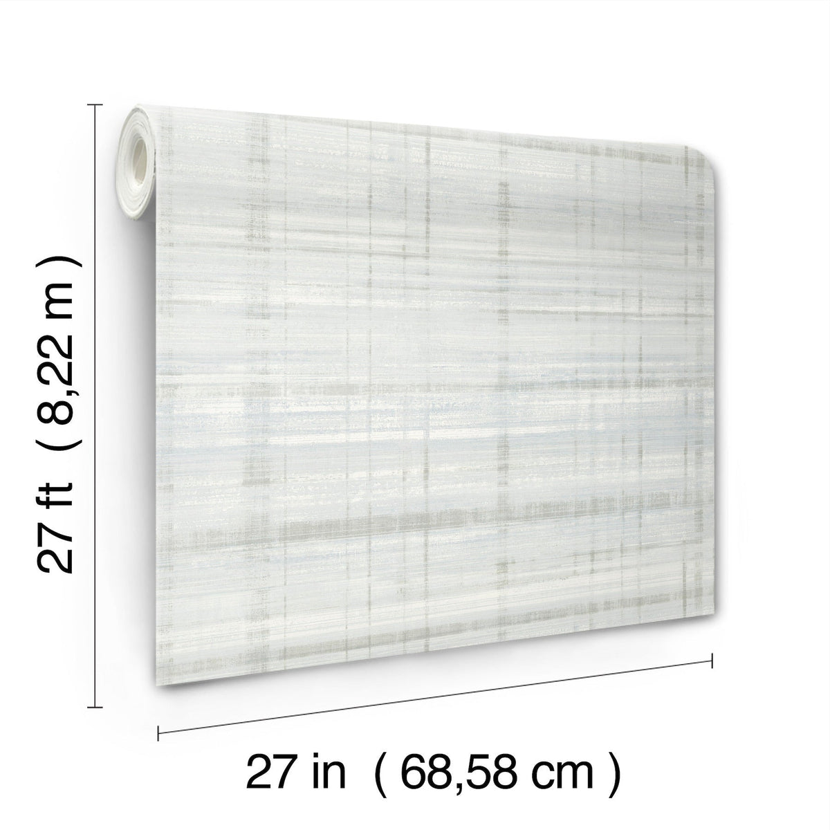 Vanishing Point Striated Wallpaper by York Wallcoverings, featuring a subtle striped pattern, is shown with its dimensions marked—27 feet (8.22 m) long and 27 inches (68.58 cm) wide.