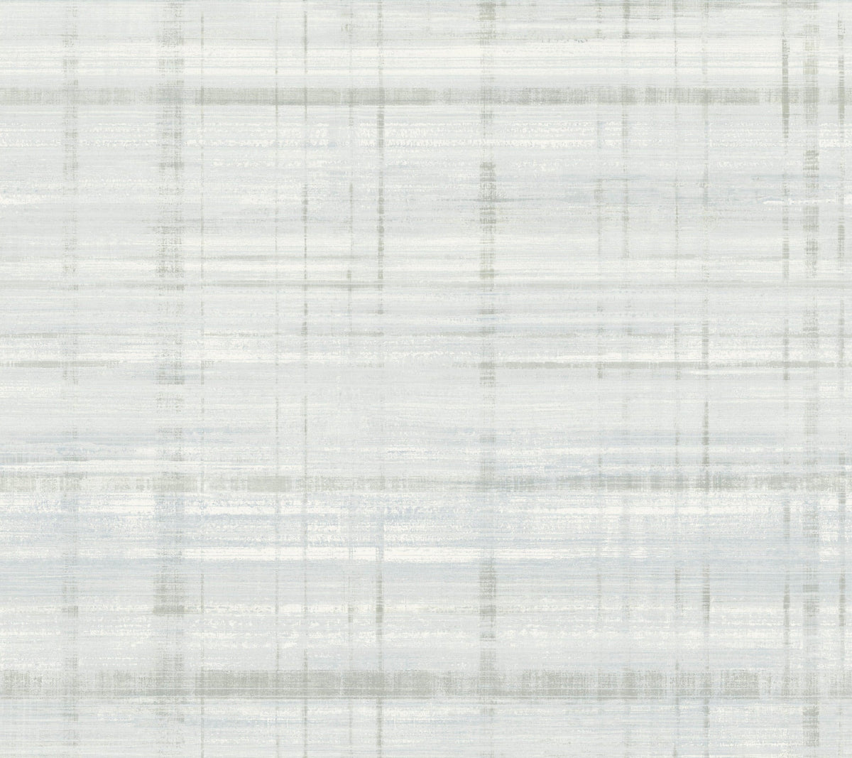 York Wallcoverings’ Vanishing Point Striated Wallpaper features a light gray and white abstract background, highlighted by subtle horizontal and vertical brushstroke lines that create a softly textured plaid or linen fabric effect.