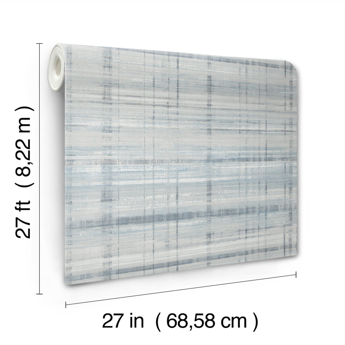Vanishing Point Striated Wallpaper by York Wallcoverings features a blue and white abstract plaid pattern and comes in a roll measuring 27 feet (8.22 meters) in length and 27 inches (68.58 cm) in width. Measurements are indicated with black text and lines.