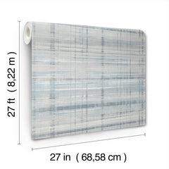 Vanishing Point Striated Wallpaper by York Wallcoverings features a blue and white plaid pattern. Each roll measures 27 feet (8.22 meters) in length and 27 inches (68.58 cm) in width.