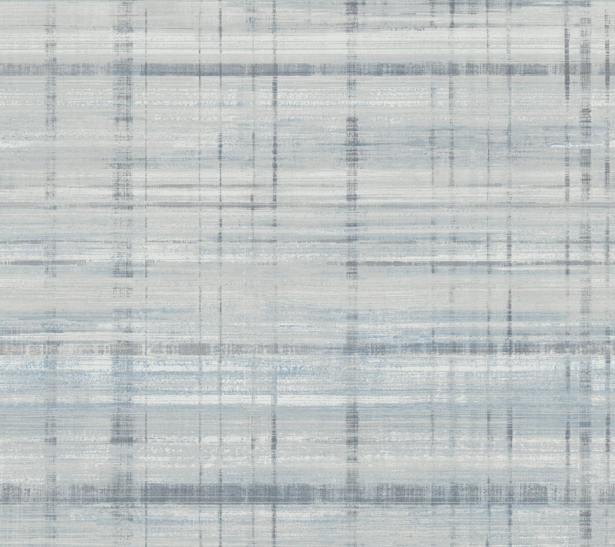 Vanishing Point Striated Wallpaper by York Wallcoverings features an abstract pattern of horizontal and vertical gray and blue lines on a light background, evoking the look of textured, woven fabric or a watercolor grid design.