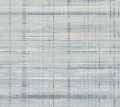 Vanishing Point Striated Wallpaper by York Wallcoverings features an abstract pattern of horizontal and vertical gray and blue lines on a light background, evoking the look of textured, woven fabric or a watercolor grid design.
