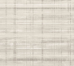 Vanishing Point Striated Wallpaper by York Wallcoverings features a beige and gray abstract textured background with horizontal and vertical streaks, reminiscent of woven fabric or painted brushstrokes.
