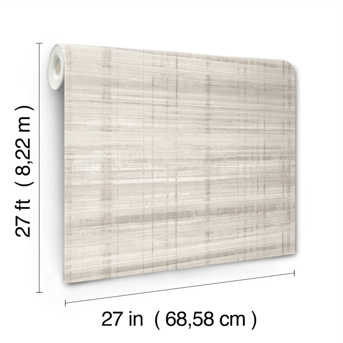 The Vanishing Point Striated Wallpaper by York Wallcoverings is shown unrolled to display its beige and cream textured pattern. The roll measures 27 feet (8.22 m) in length and 27 inches (68.58 cm) in width.
