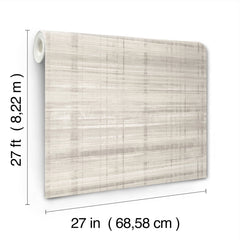 The Vanishing Point Striated Wallpaper by York Wallcoverings is shown unrolled to display its beige and cream textured pattern. The roll measures 27 feet (8.22 m) in length and 27 inches (68.58 cm) in width.