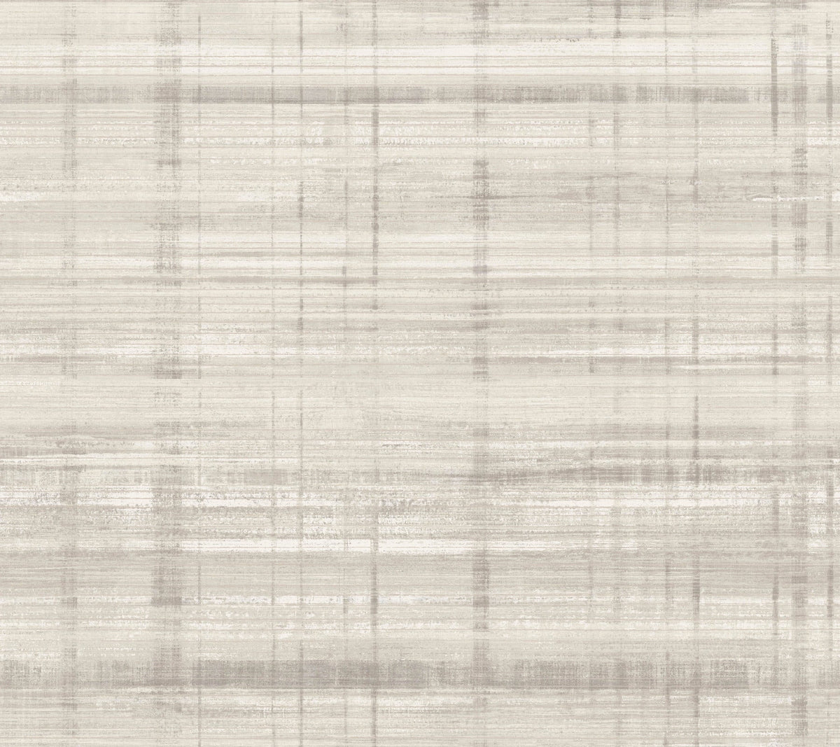 The Vanishing Point Striated Wallpaper by York Wallcoverings features a light beige and gray textured background enhanced with horizontal and vertical streaks, creating a subtle, linen-like pattern. The overall effect is soft and neutral.