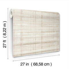 A roll of Vanishing Point Striated Wallpaper by York Wallcoverings is unrolled, revealing its width of 27 inches (68.58 cm) and length of 27 feet (8.22 m), with black text displaying the dimensions beside and below the roll.