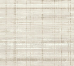 The Vanishing Point Striated Wallpaper by York Wallcoverings features a beige and off-white textured background with horizontal and vertical lines that create a subtle, woven fabric-like pattern.