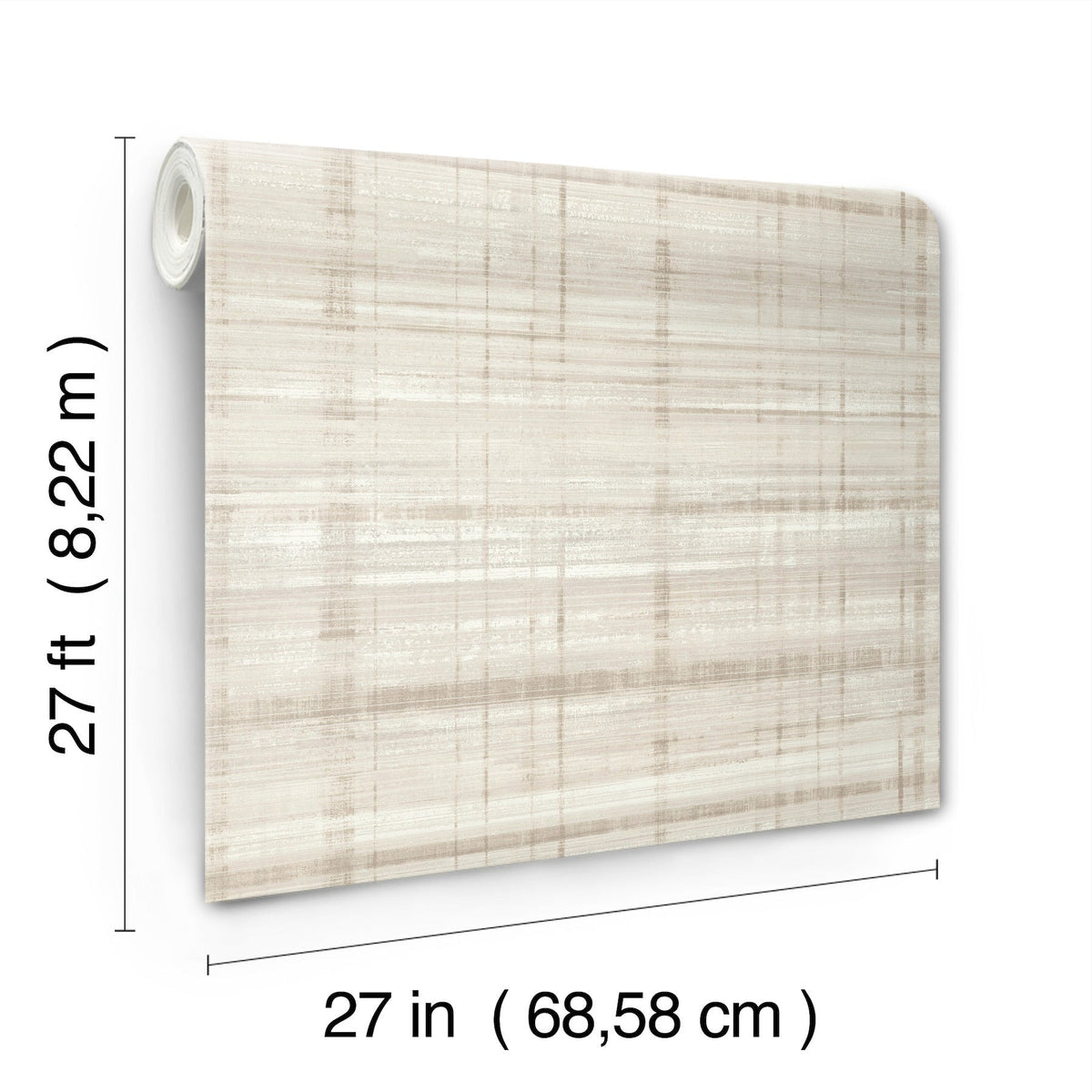 Vanishing Point Striated Wallpaper by York Wallcoverings shown unrolled to reveal its beige textured pattern. Dimensions: 27 feet (8.22 meters) long and 27 inches (68.58 cm) wide.