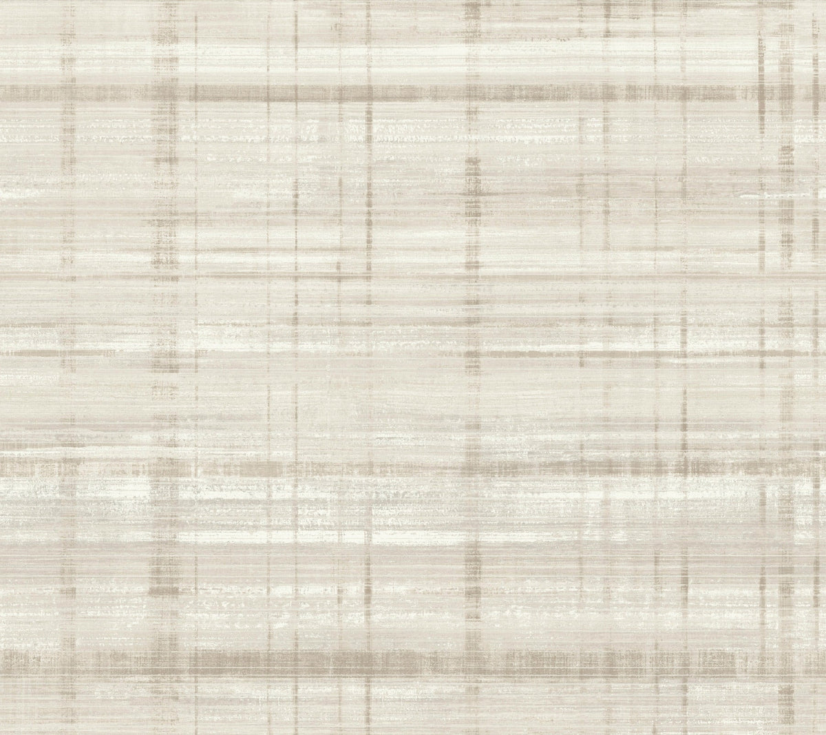 Vanishing Point Striated Wallpaper by York Wallcoverings features a textured pattern with horizontal and vertical beige lines on a light background, reminiscent of woven fabric or abstract brush strokes, creating a subtle and neutral plaid effect.