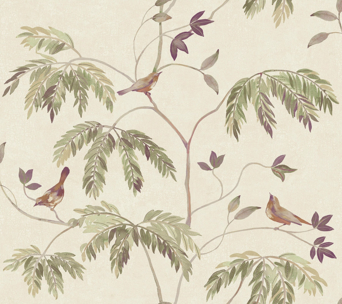 Cillian Botanical Bird Trail Wallpaper by York Wallcoverings features an illustration of three small brown birds perched on leafy branches with green and purple leaves, set against a cream-colored background.