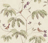 Discover the Cillian Botanical Bird Trail Wallpaper by York Wallcoverings, featuring an illustration of three small birds perched on delicate branches adorned with green and purple leaves, all set against a light beige textured background.
