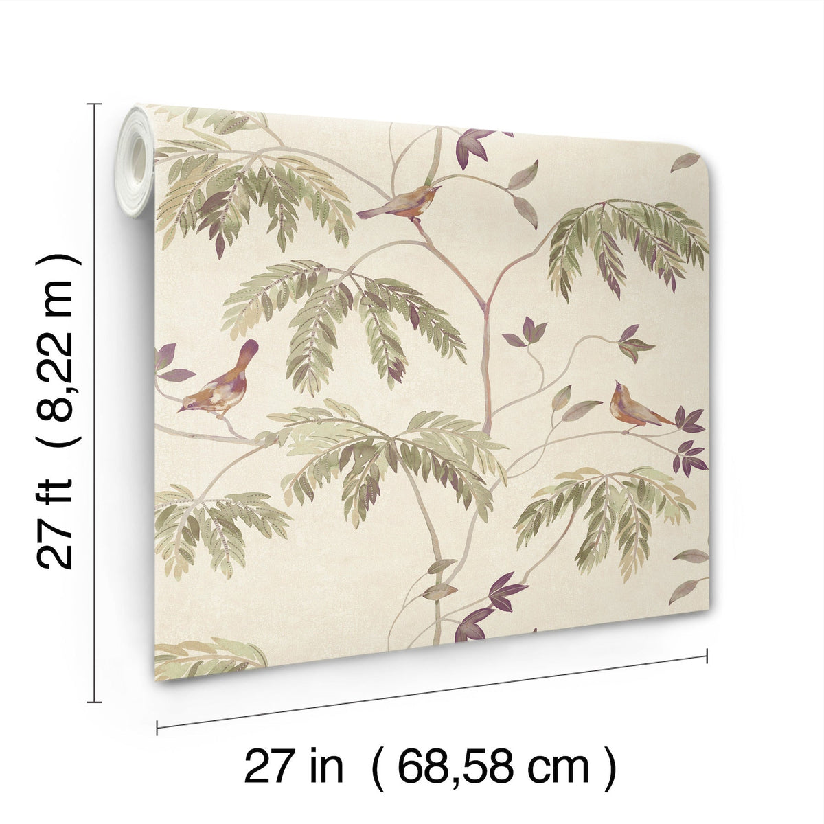 Introducing the Cillian Botanical Bird Trail Wallpaper by York Wallcoverings, featuring a botanical and bird design on a cream background. Each roll measures 27 feet long by 27 inches wide (8.22 meters by 68.58 centimeters).