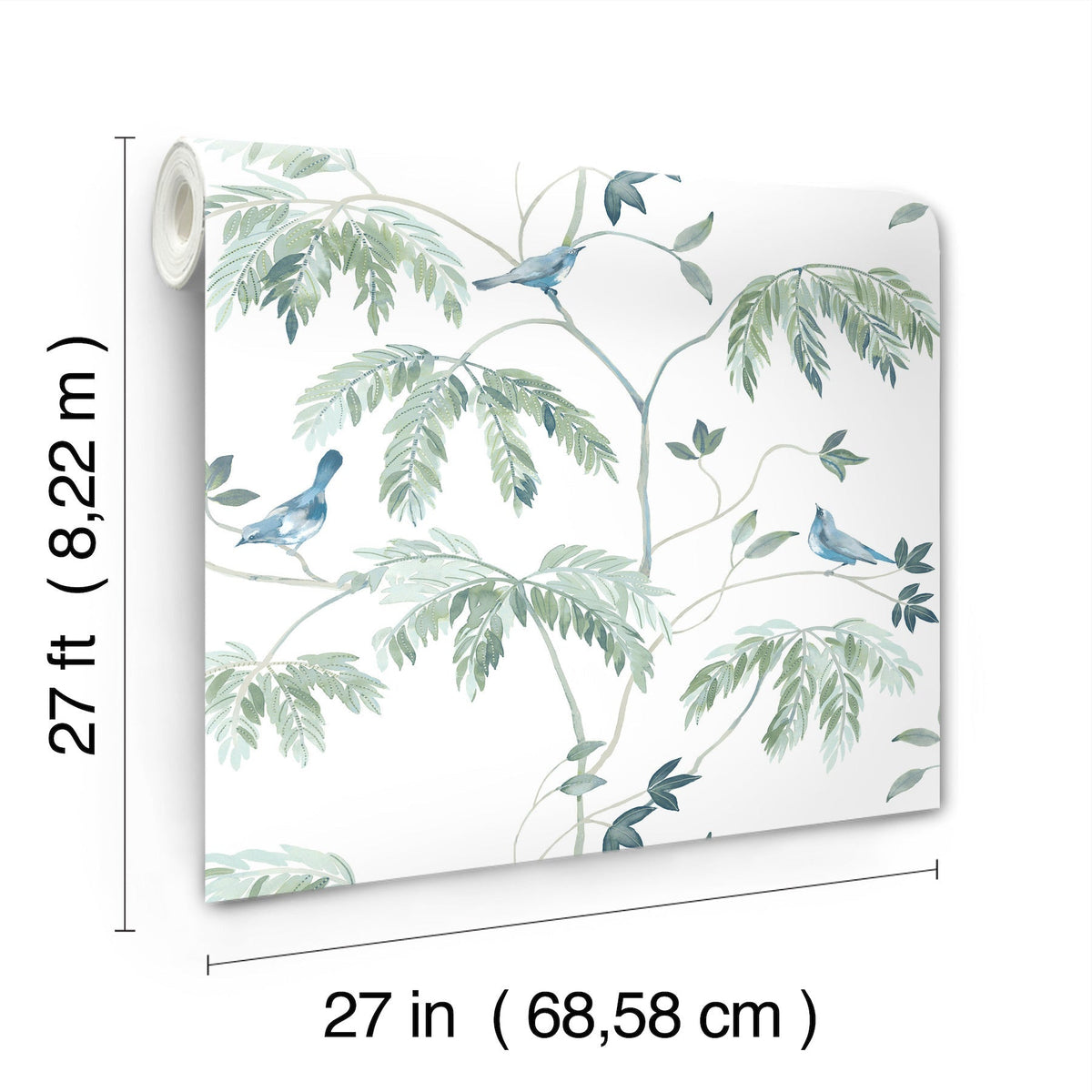The Cillian Botanical Bird Trail Wallpaper by York Wallcoverings features a botanical design with green leaves and blue birds. Each roll measures 27 feet (8.22 m) in length and 27 inches (68.58 cm) in width.