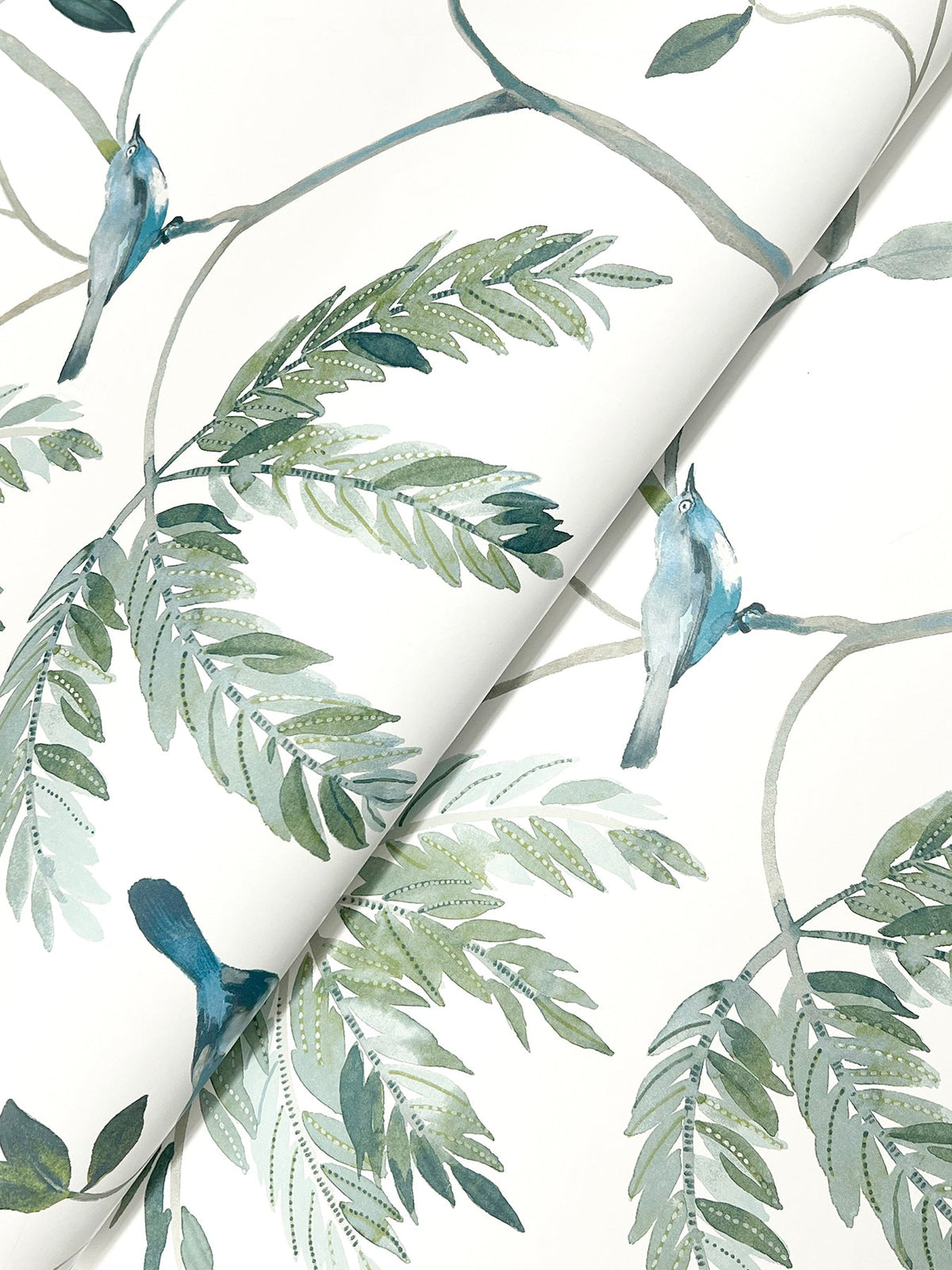 The Cillian Botanical Bird Trail Wallpaper by York Wallcoverings features a watercolor-inspired design of green leafy branches and blue-gray birds perched upon them, all set against a crisp white background.