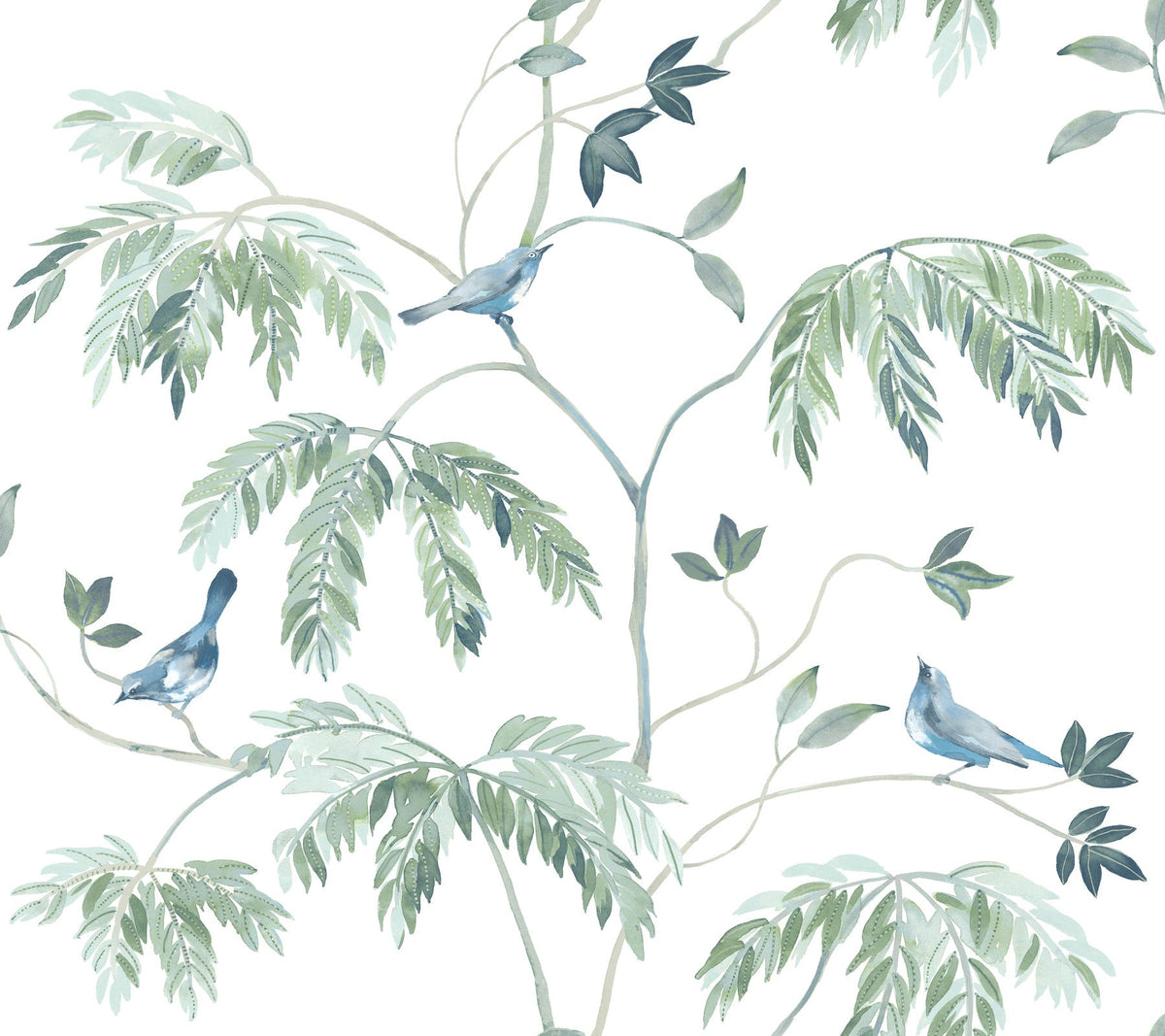 The Cillian Botanical Bird Trail Wallpaper by York Wallcoverings features a watercolor design of three blue birds perched on leafy green branches with delicate, overlapping leaves against a white background, creating a soft, serene, and botanical ambiance.