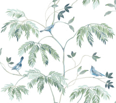 The Cillian Botanical Bird Trail Wallpaper by York Wallcoverings features a watercolor design of three blue birds perched on leafy green branches with delicate, overlapping leaves against a white background, creating a soft, serene, and botanical ambiance.