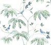 Cillian Botanical Bird Trail Wallpaper by York Wallcoverings features a watercolor illustration of three blue birds perched on delicate leafy branches with light green leaves, set against a white background.